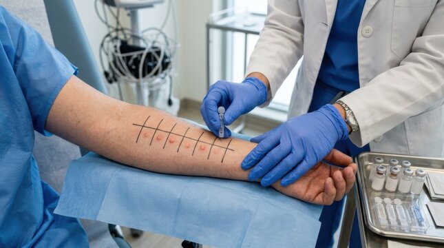 Doctor performs allergy skin prick test on patient's arm with marked grid and red bumps