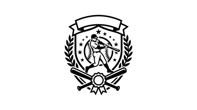 Baseball player swing emblem with stars and wreath.