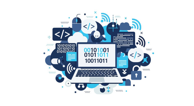 Software Development and Digital Technology Concept Illustration with Laptop, Binary Code, and IT Icons in Modern Flat Style