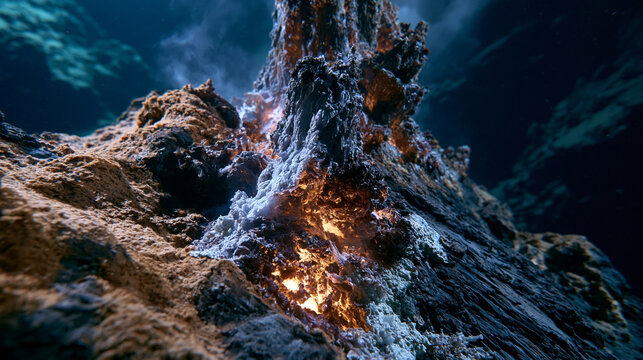 Deep sea hydrothermal vent chimney structure rising from basaltic ocean floor, mineral-laden superheated fluid precipitating iron sulfide tower edifice, dramatic low angle framing against abyssal da