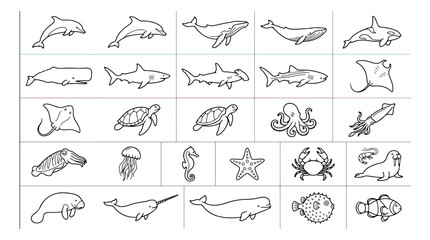 Minimalist sea life line art icons, set of 25 marine animal vector illustrations, black and white aquatic creature sketches for educational coloring © Farah-Studio