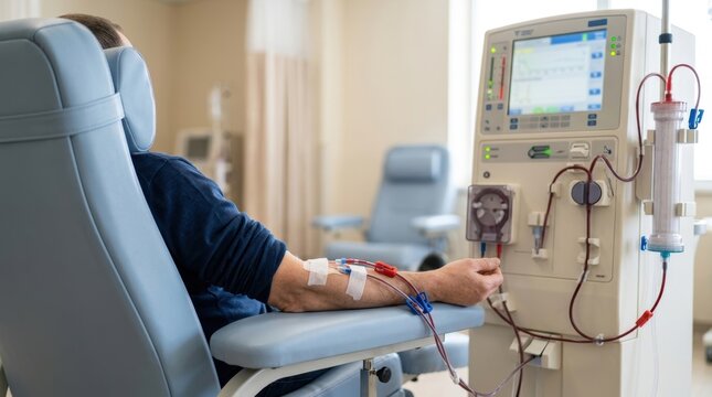 Patient undergoing hemodialysis treatment with modern medical equipment in a clinic