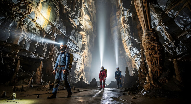Explorers in a lit cave discovering geological formations underground