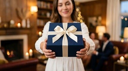 Woman giving luxury gift box with satin ribbon at holiday party