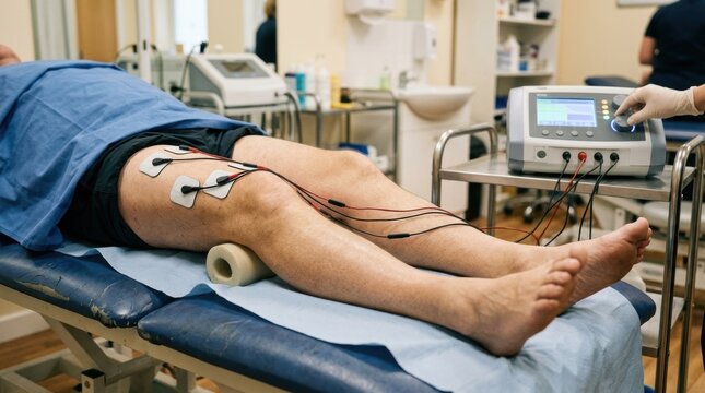 Patient undergoing electrical muscle stimulation therapy for leg rehabilitation