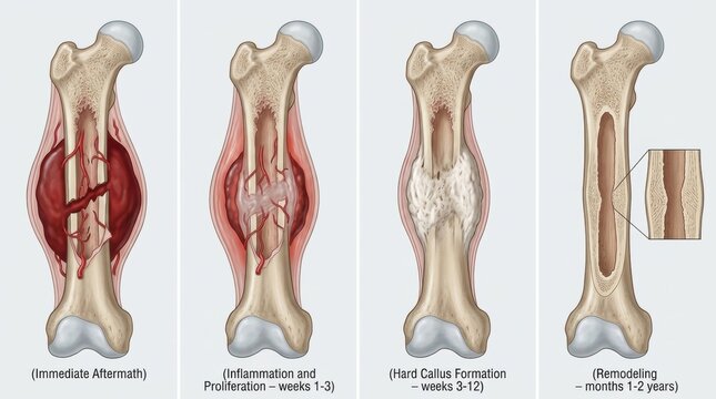 Stages of bone fracture healing illustrated: hematoma, callus, and remodeling