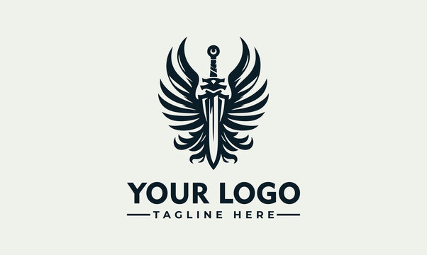 Elegant Winged Sword Heraldic Emblem Vector Logo Illustration Design Concept