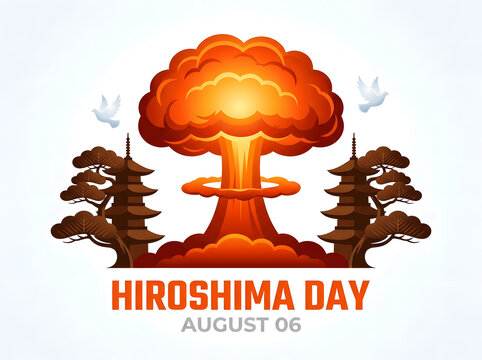 Mushroom Cloud Explosion Over Silhouetted Trees with Commemorative Text in Bold Typography