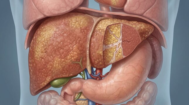 Detailed illustration of a human liver with fatty degeneration and surrounding organs