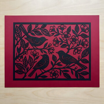 Elegant paper cut art greeting card with silhouette birds on tree branches with floral patterns. Black cardstock on a red background over wood background flat lay