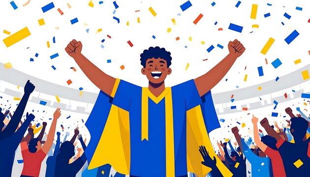 Joyful man celebrating with colorful confetti in air.