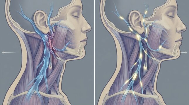 Anatomical illustration of neck veins, showing healthy and obstructed flow