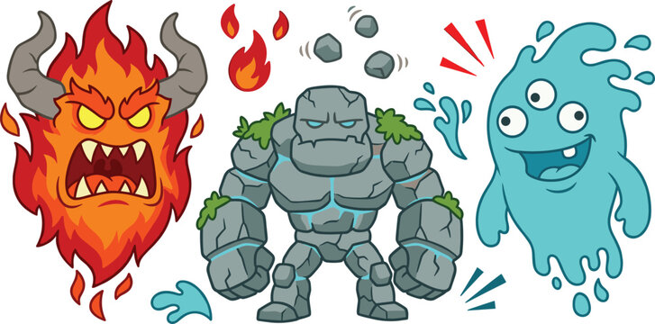 Cartoon Elemental Monster Character Set Featuring Cute and Angry Creatures Representing Fire, Earth, and Water Magic for Game Design and Stickers