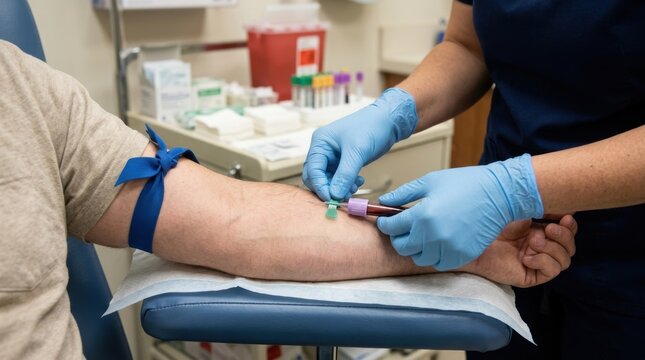 Nurse drawing blood from patient's arm in a medical clinic setting