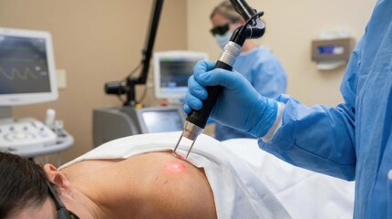 Fototapeta premium Dermatologist performing laser treatment on patient's skin in a modern clinic setting