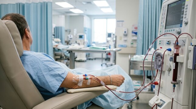 Patient undergoing hemodialysis treatment with modern medical equipment in a clinic