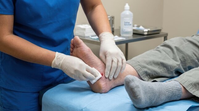 Nurse cleaning a wound on a patient's heel with saline solution and gauze