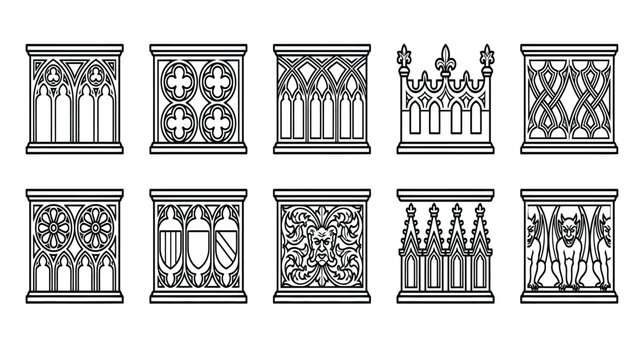 A set of 10 unique gothic ogee arch icons on a white background