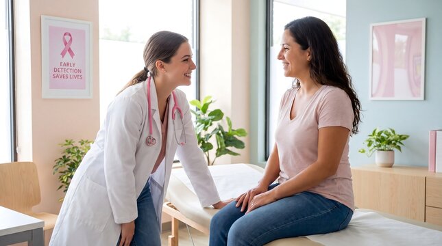 Friendly young female physician with stethoscope communicate with smiling woman during medical examination in clinic