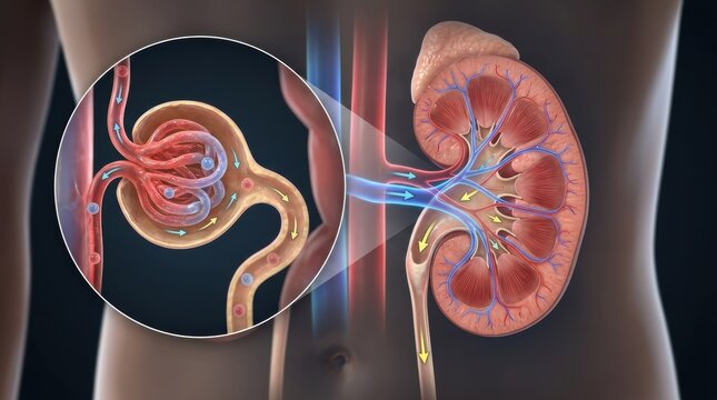 Detailed medical illustration of the human kidney and nephron filtration process