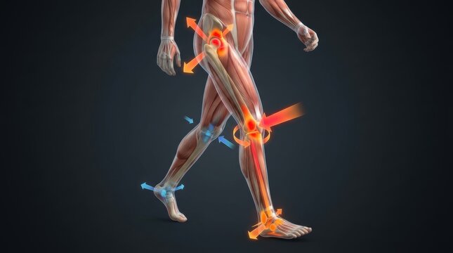 Anatomical illustration of human leg muscles and joints during movement