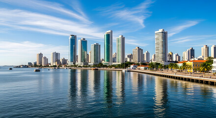 Fototapeta premium Modern city skyline with buildings reflecting in the calm water on a sunny day