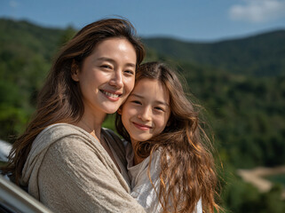 Fototapeta premium Side-profile outdoor shot of a mother and young daughter leaning closely together on a hillside overlooking green mountain valleys, both smiling brightly while wind lifts the woman’s long brown hair.