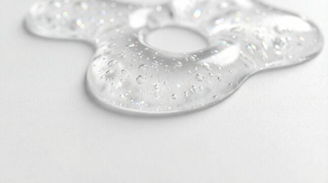 Transparent cosmetic gel texture with oxygen bubbles, clear liquid serum drop on white background, moisturizing skincare product smear