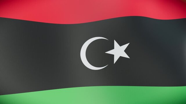 Dynamic 3D Libyan flag motion graphics, waving on a vivid green screen background for corporate presentations and international news broadcasts, a seamless loop.
