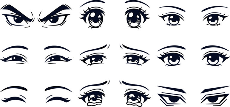 Anime eye expression vector set with hand drawn manga eyes, emotional gaze styles and decorative cartoon facial elements for character design