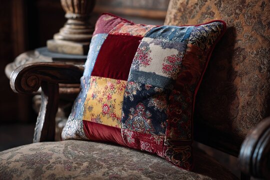 vintage velvet cushion with patchwork design
