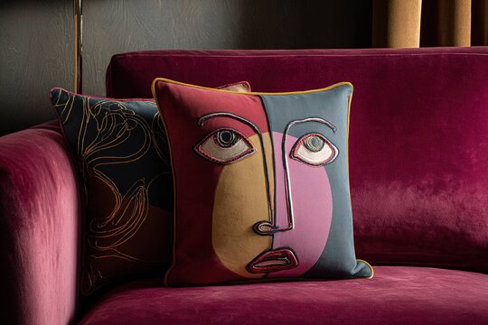 abstract face design on deep pink velvet cushion