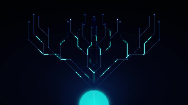 Digital circuit tree growth animation: abstract technology network background