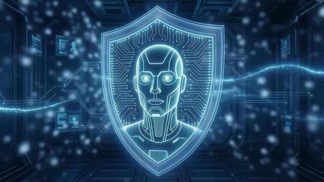 Glowing blue digital shield robot face holography provides robust cybersecurity protection for advanced AI data security