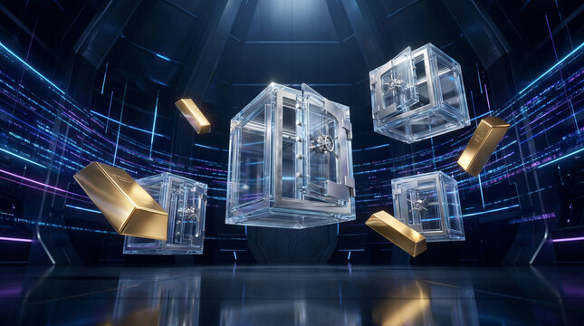 Digital wealth and secure data visualized by glowing transparent cubes and gleaming gold bars in an abstract, futuristic, high-tech environment