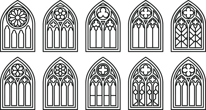 Sheet of 10 gothic clerestory window icon on a white backgorund