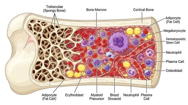 Bone marrow illustration with labeled components