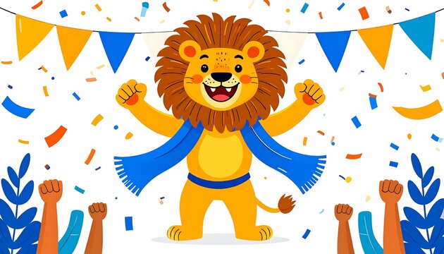 Happy cartoon lion character with party accessories.