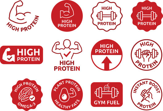High Protein Food Label and Badge Vector Set with Fitness Nutrition Symbols, Gym Fuel Stamps, and Supplement Product Packaging Logo Designs