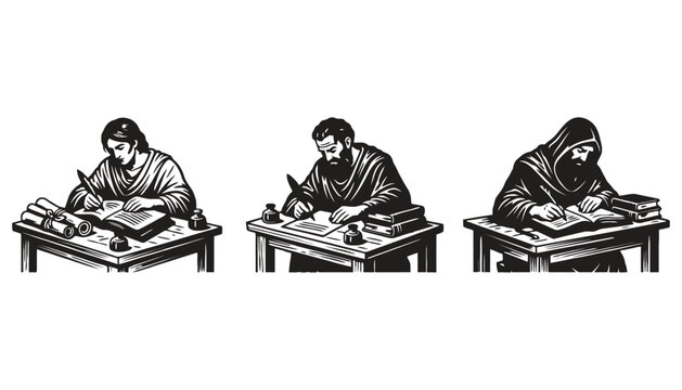 Monk calligraphy scribes writing in medieval script