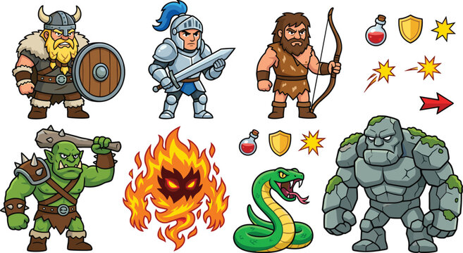 Fantasy RPG Game Character Element Set Featuring Viking Knight Archer Orc Fire Elemental Snake and Stone Golem Monsters with Potion Shield Icons