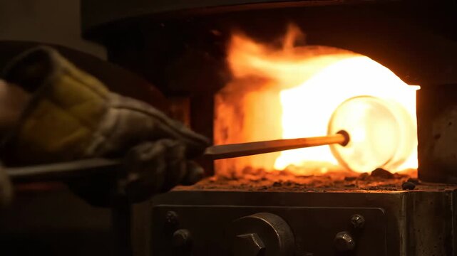 Artisan Glassblower Shaping Molten Glass in Fiery Furnace with Intense Heat.