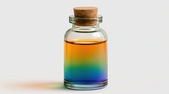 Glass bottle with rainbow colored liquid isolated on white background