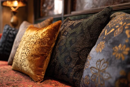 gold velvet cushion with metallic thread patterns