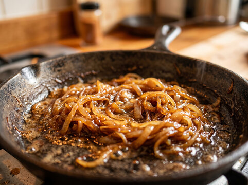Sauteing sweet brown julienne onions in iron cast frying pan