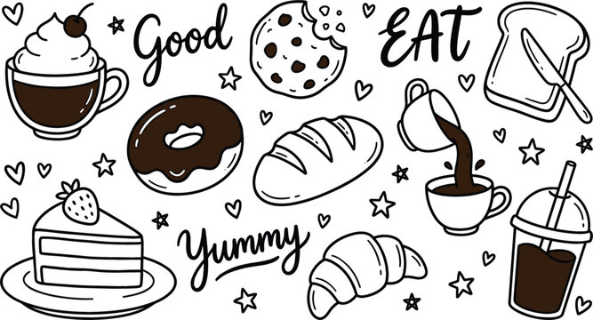 Hand Drawn Breakfast and Bakery Doodle Vector Set with Coffee, Cake, Donut, Pastries, Bread, and Yummy Quotes for Cafe Menu and Kitchen Designs