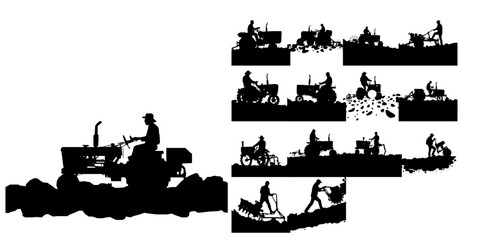 Obraz premium Man Driving A Plow Through Rocky Ground Silhouette