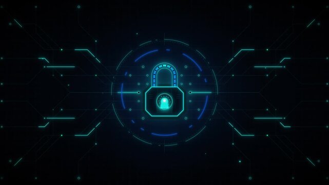 Digital cybersecurity concept: glowing padlock with futuristic circuitry background