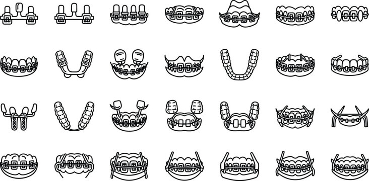 Dental orthodontics and braces line icons set with tooth alignment retainer metal brackets dental wire jaw corrector mouth guard dentistry care vector design