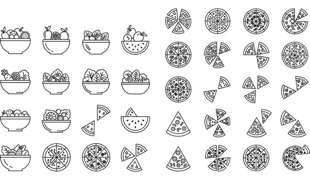Pizza and healthy salad bowl line icons set with fresh fruits vegetables slices Italian pizzeria fast food restaurant menu graphic vector design